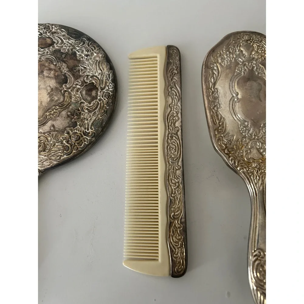 Vintage Silver Tone Ornate Repousse Vanity Set Mirror Brush Comb 3 Piece Floral